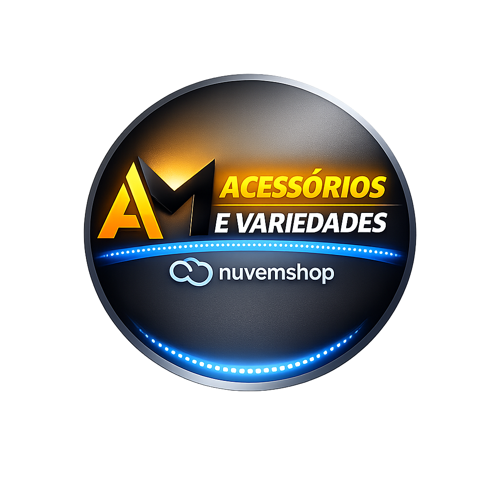 Logotipo moderno da AM Acessórios e Variedades nas cores preto, dourado e azul, loja online de acessórios e variedades na Nuvemshop.